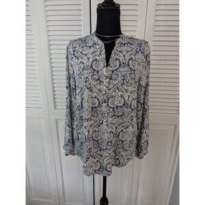 ZARA Blouse Women's Sz L Floral Blue White Button Down Tunic Boho Chic French